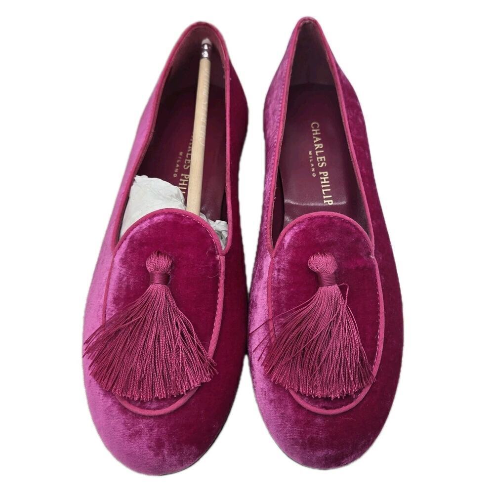 Charles Philip Olimpia Velvet Tassel Loafer Italy Fuschia Pink EU 37.5 US 7 LUX
